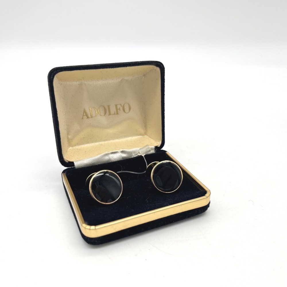 Adolfo Mens Gold Tone Black Round Cufflinks Vintage Formal Jewelry Boxed